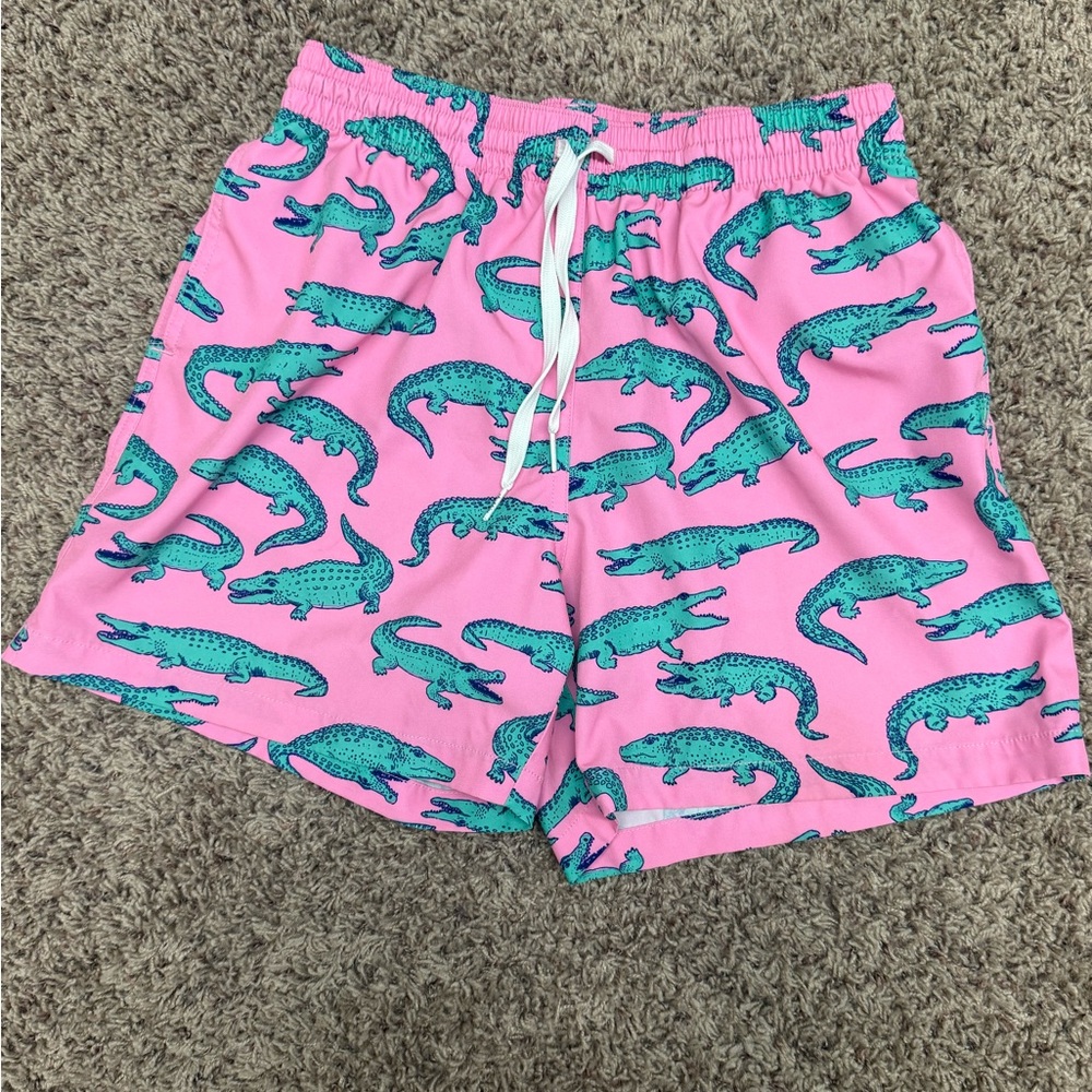 chubbies Pink Swim Trunks with Teal Crocodile Accent